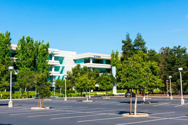 Corporate parking lot with trees