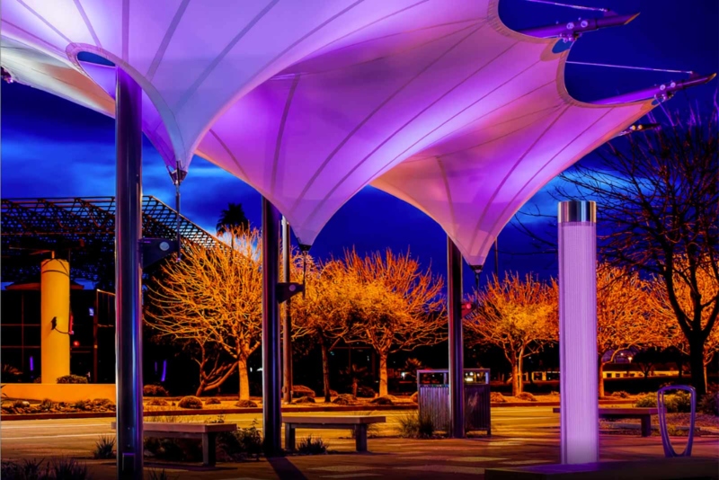 A canopy lit with purple lights