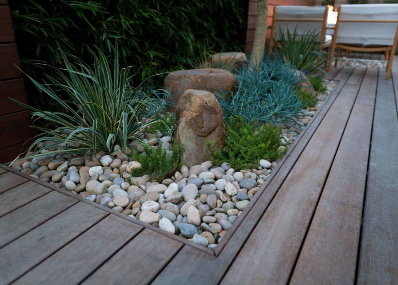 Plants with pebbles on a wooden deck